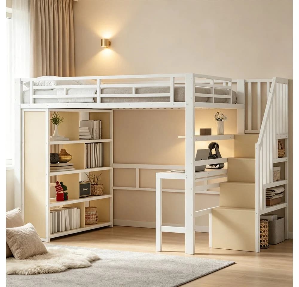 REDOM Hochbett mit LED-Beleuchtung, Schreibtisch und Stauraum - Bild 2