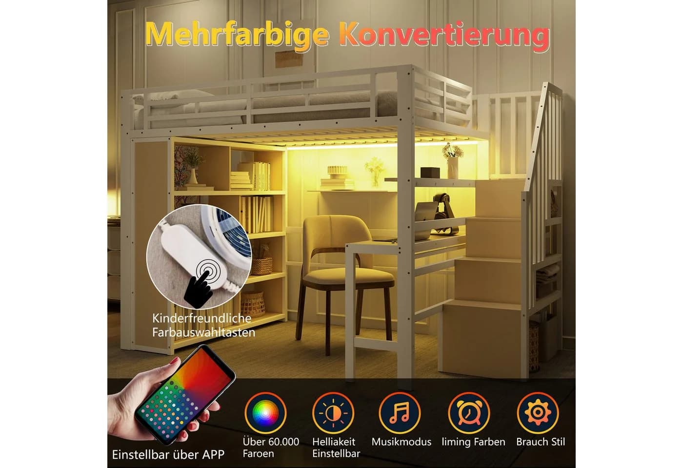 REDOM Hochbett mit LED-Beleuchtung, Schreibtisch und Stauraum - Bild 3