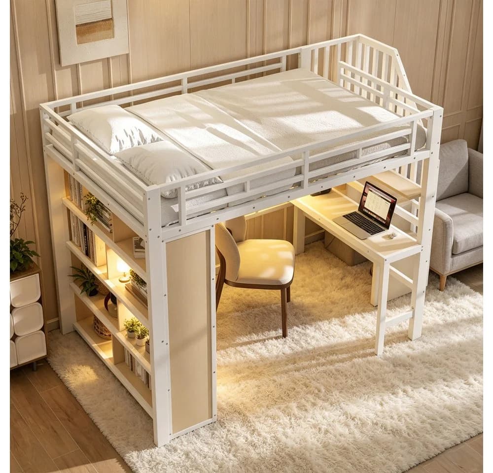 REDOM Hochbett mit LED-Beleuchtung, Schreibtisch und Stauraum - Bild 4
