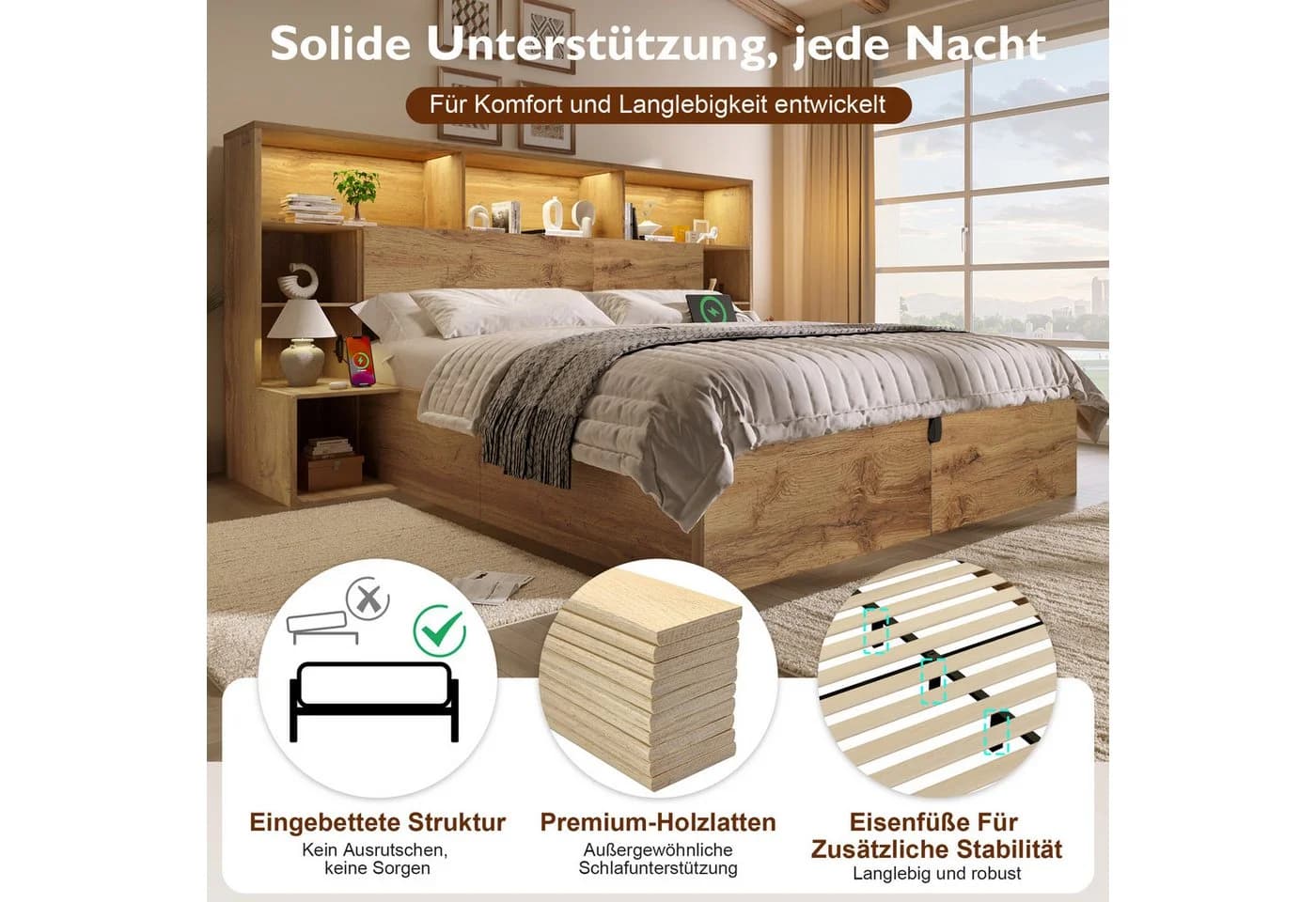 REDOM Holzbett mit Stauraum, Hydraulik & USB-Ladestation Eiche-Optik - Bild 5