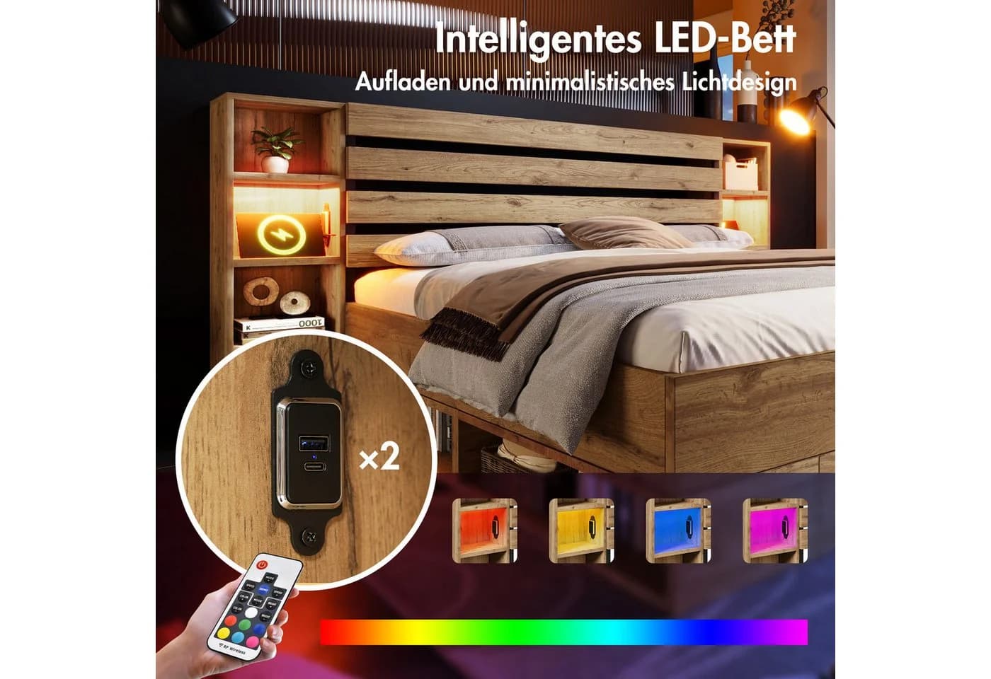 REDOM Holzbett mit LED-Beleuchtung, USB-Anschlüssen & Stauraum - Bild 5