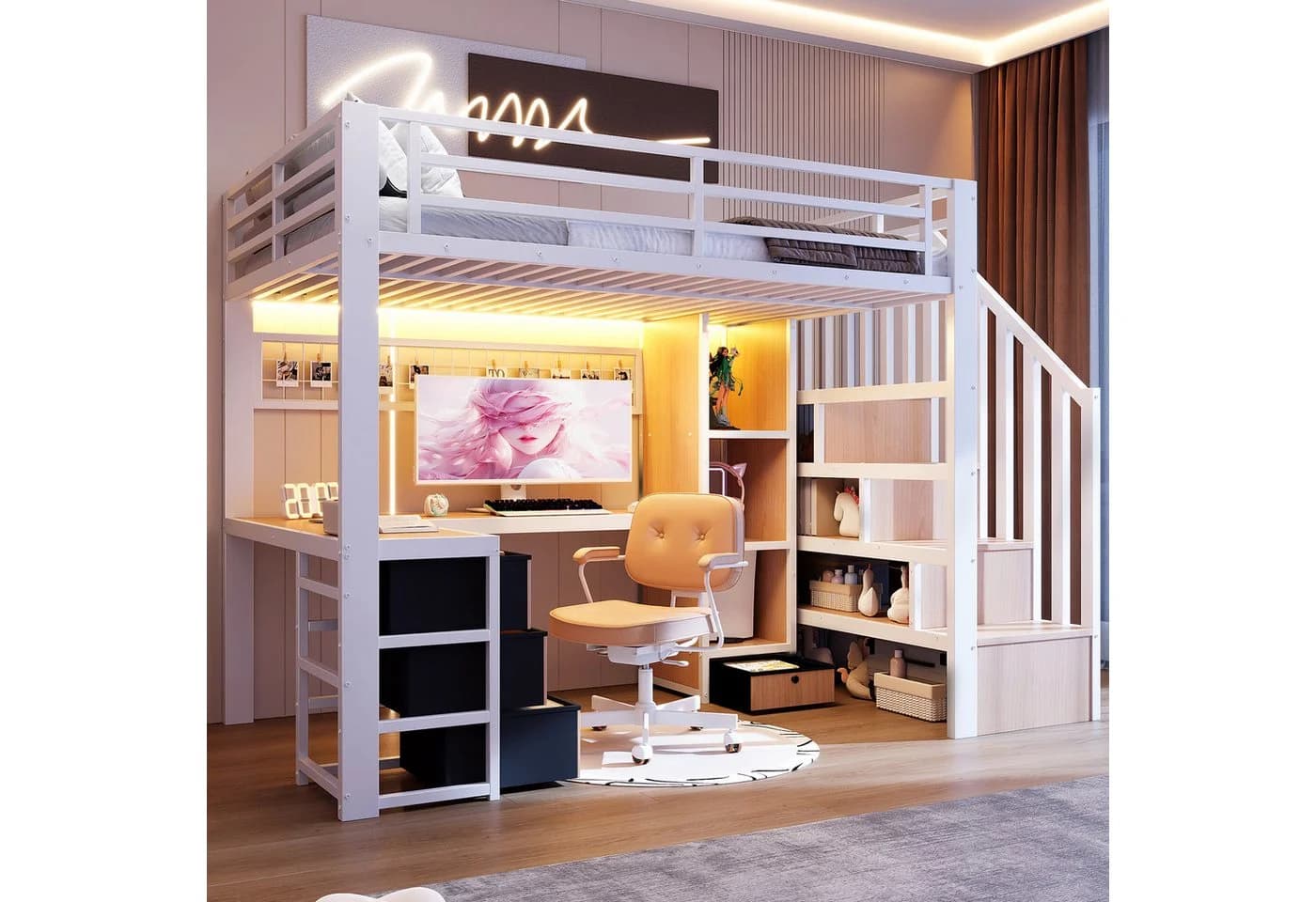 REDOM Hochbett mit Eisenrahmen, LED-Licht, Schreibtisch und Stauraumtreppe Weiß - Bild 2