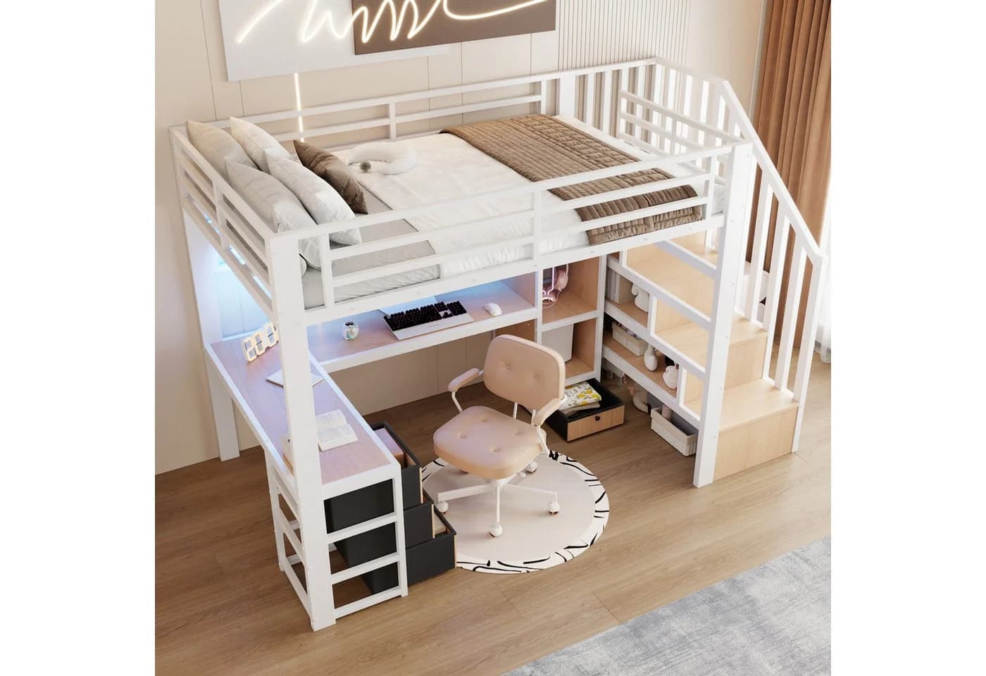 REDOM Hochbett mit Eisenrahmen, LED-Licht, Schreibtisch und Stauraumtreppe Weiß - Bild 3
