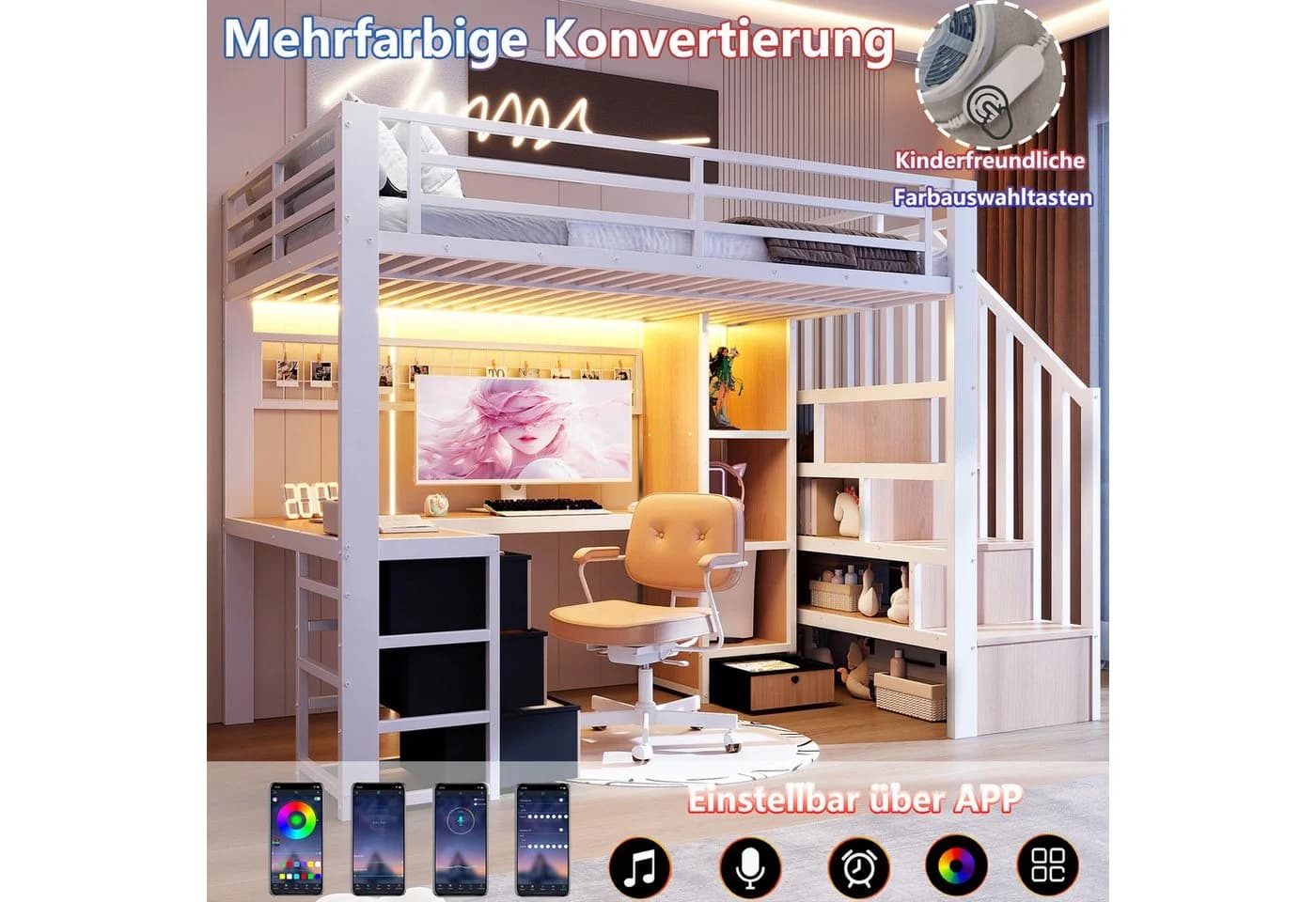 REDOM Hochbett mit Eisenrahmen, LED-Licht, Schreibtisch und Stauraumtreppe Weiß - Bild 4