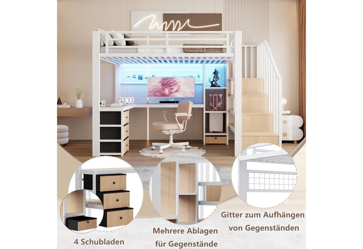 REDOM Hochbett mit Eisenrahmen, LED-Licht, Schreibtisch und Stauraumtreppe Weiß - Bild 5