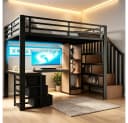 REDOM Hochbett Jugendbett mit Eisenrahmen, LED, Schreibtisch, 140x200cm Bild 2