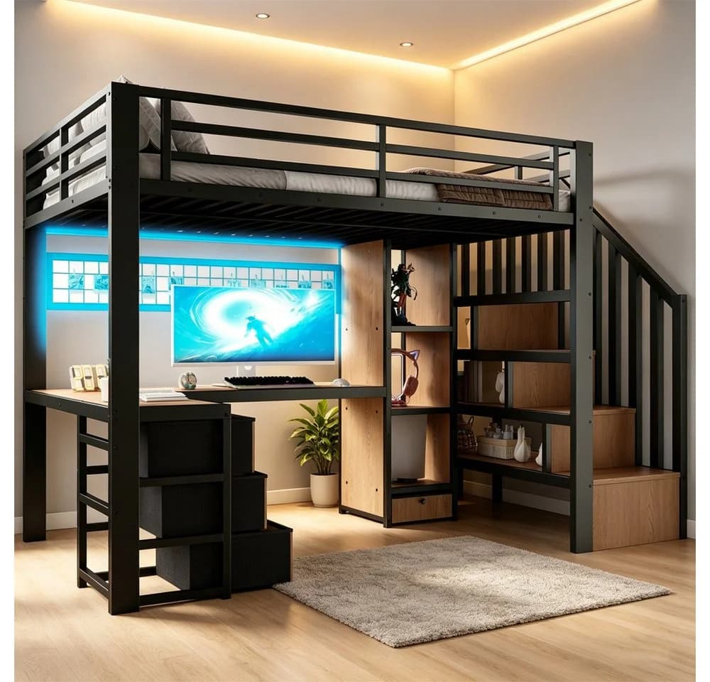 REDOM Hochbett Jugendbett mit Eisenrahmen, LED, Schreibtisch, 140x200cm - Bild 2