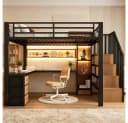 REDOM Hochbett Jugendbett mit Eisenrahmen, LED, Schreibtisch, 140x200cm Bild 3