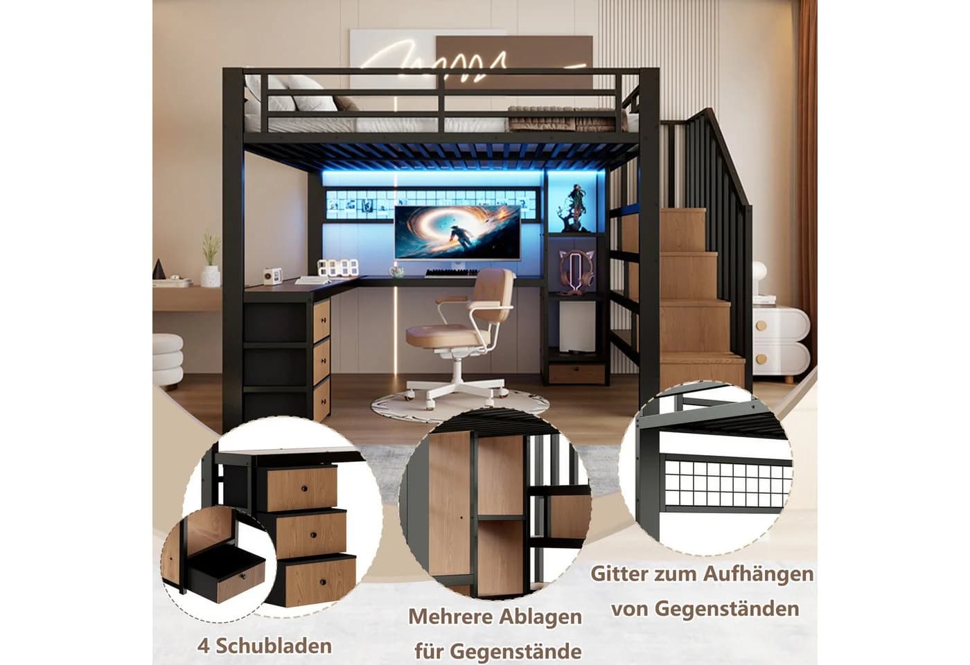 REDOM Hochbett Jugendbett mit Eisenrahmen, LED, Schreibtisch, 140x200cm - Bild 5