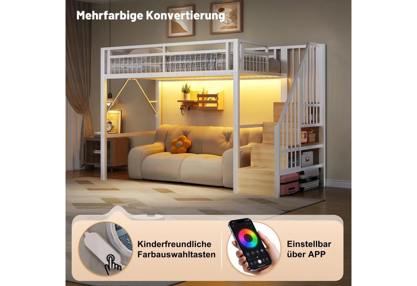 REDOM Hochbett mit LED-Licht und Stauraumtreppe Schwarz - Bild 4