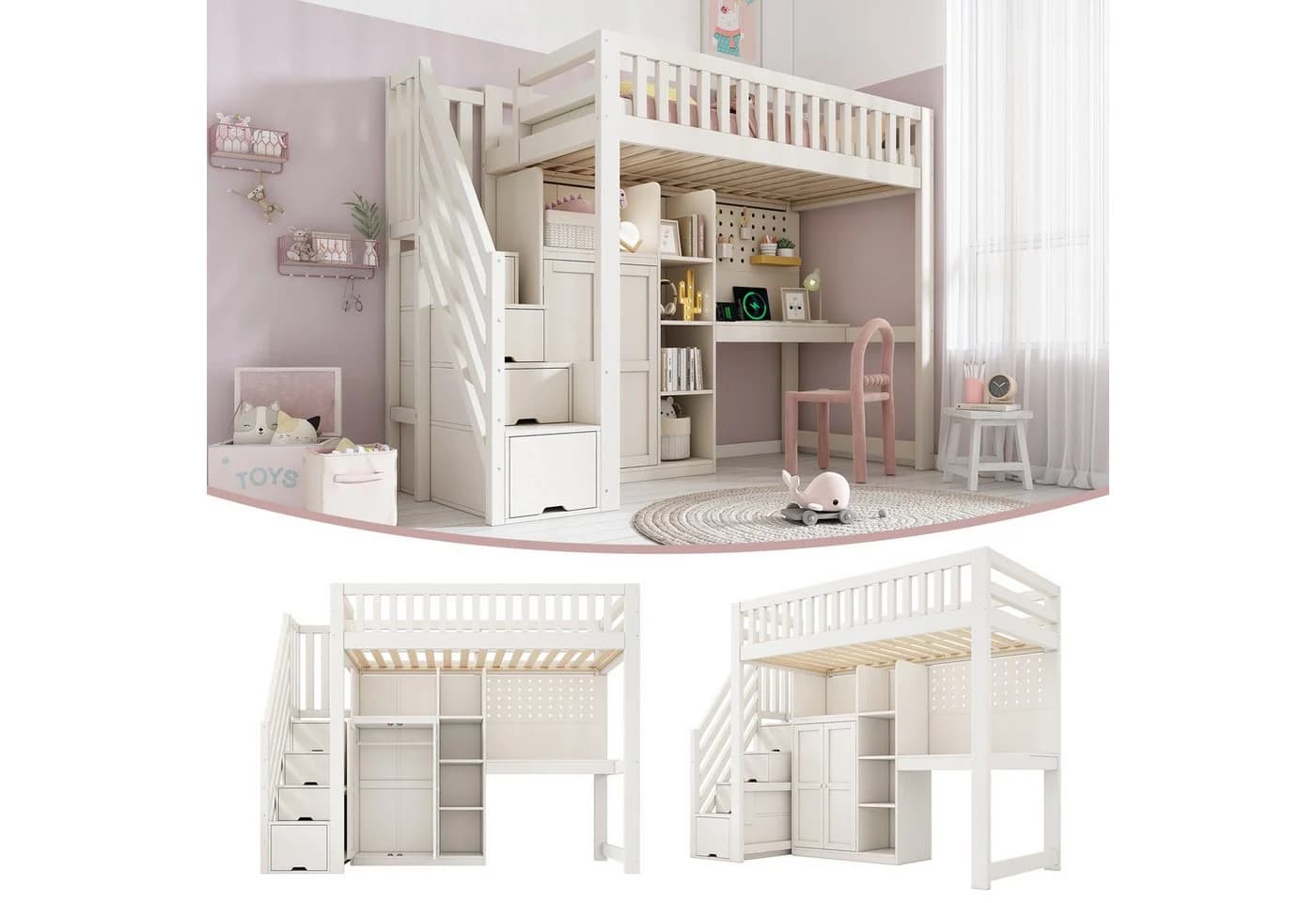 REDOM Hochbett 90x200 cm mit Schreibtisch & Schrank Weiß
