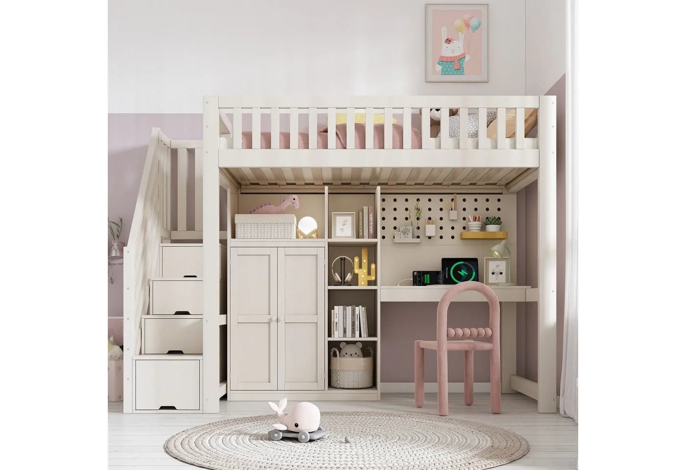 REDOM Hochbett 90x200 cm mit Schreibtisch & Schrank Weiß - Bild 2