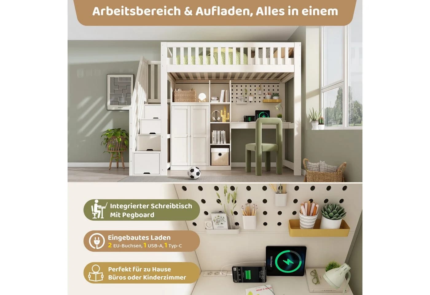 REDOM Hochbett 90x200 cm mit Schreibtisch & Schrank Weiß - Bild 4