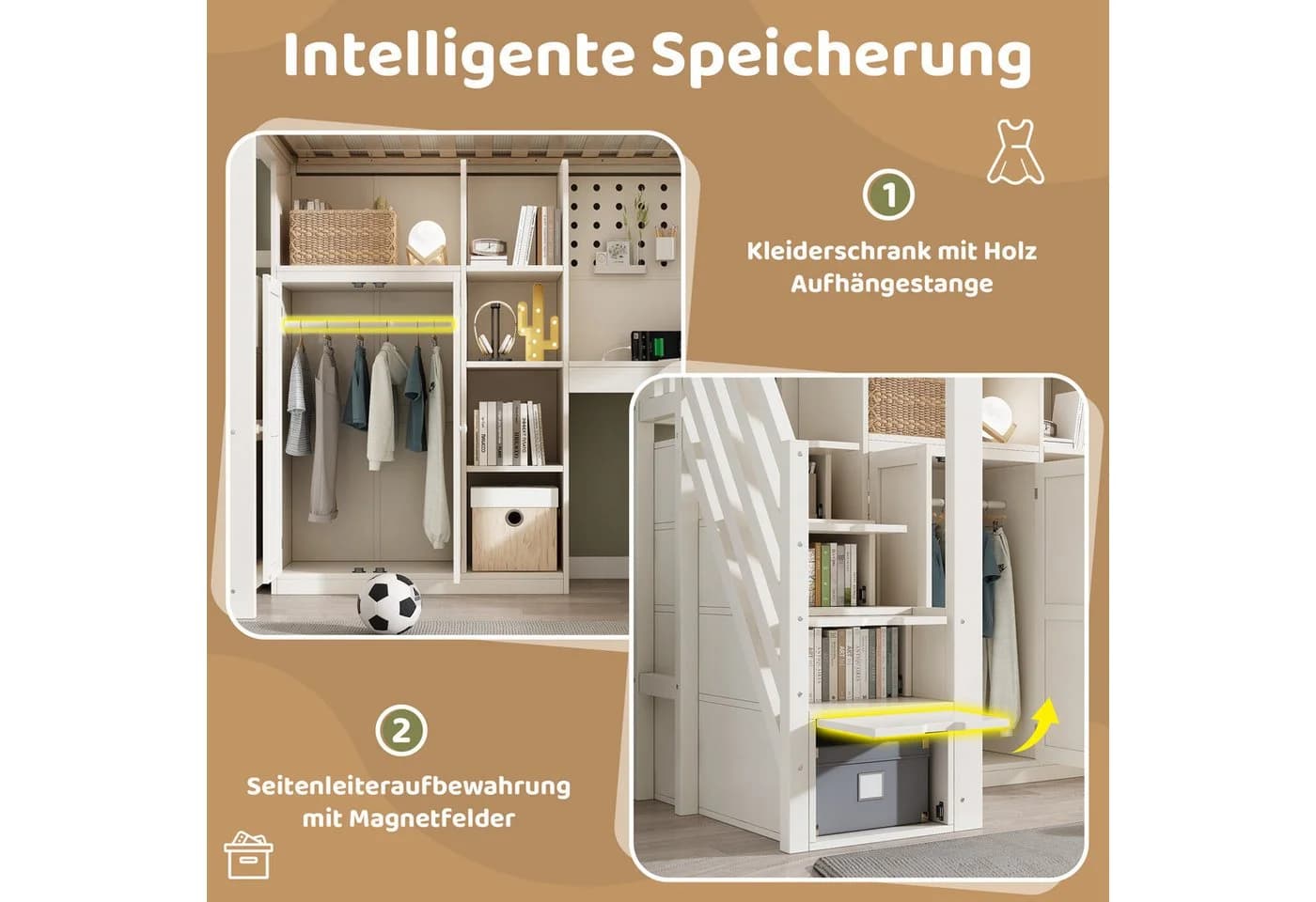 REDOM Hochbett 90x200 cm mit Schreibtisch & Schrank Weiß - Bild 5