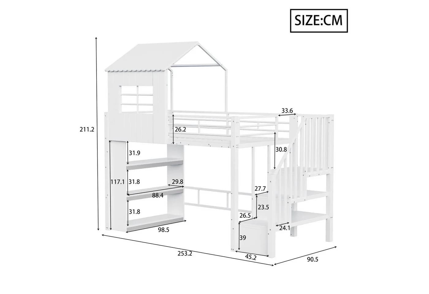 REDOM Hochbett mit Hausdesign, Stauraumtreppe und Schutzgitter, 90x200 cm, Weiß - Bild 5