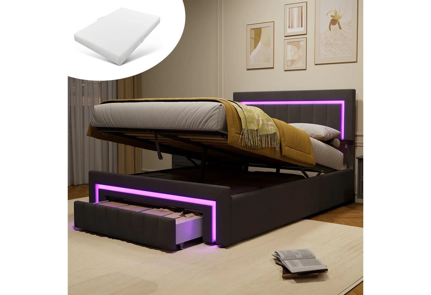 REDOM Polsterbett mit LED-Beleuchtung, Schubladen & Matratze Grau - Bild 2
