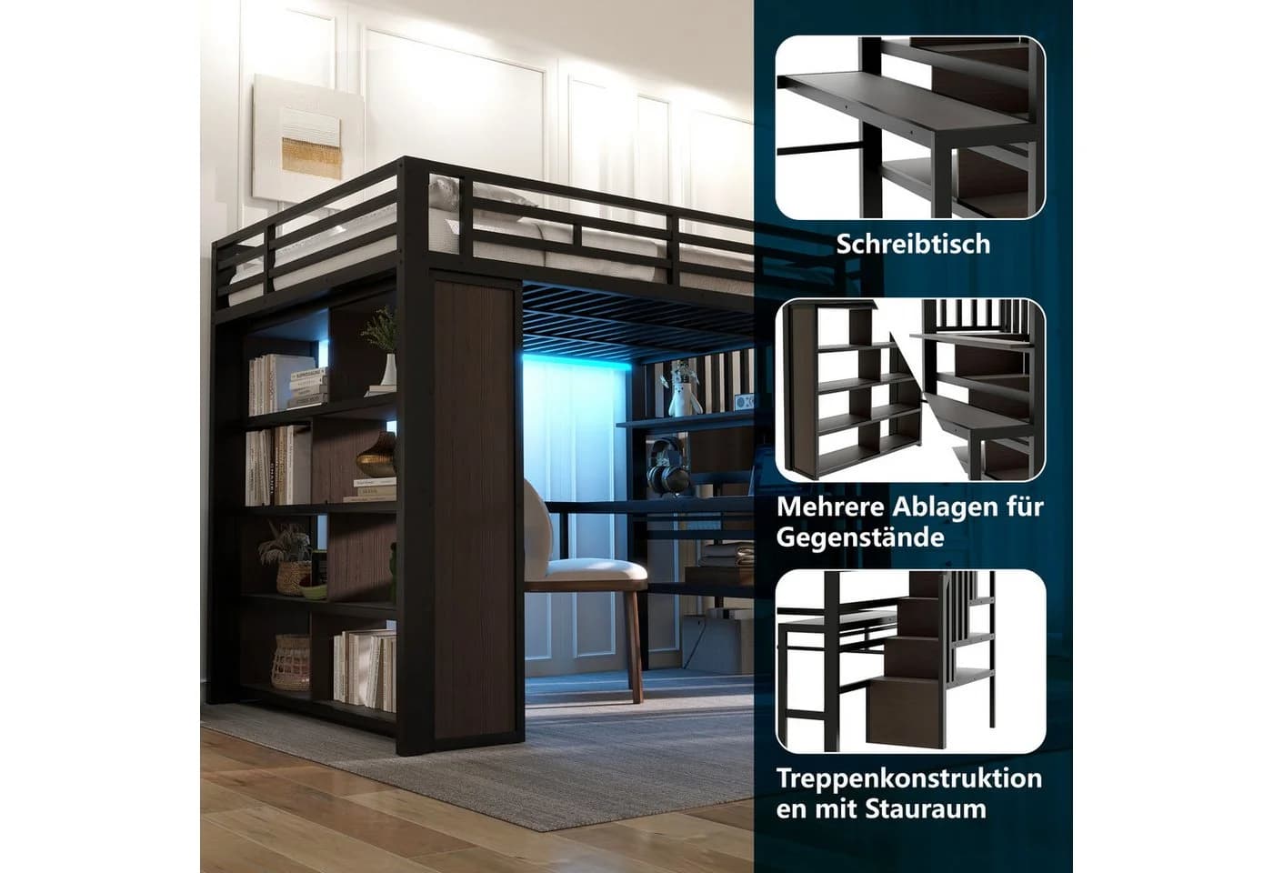 Hochbett aus Metall und MDF mit Eisenrahmen