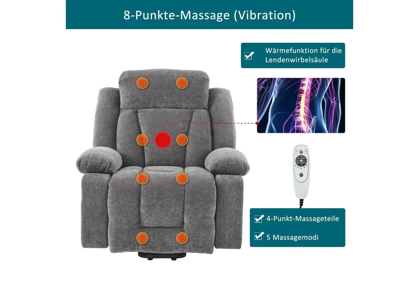 REDOM Relaxsessel mit Hebefunktion und Massage Grau - Bild 3