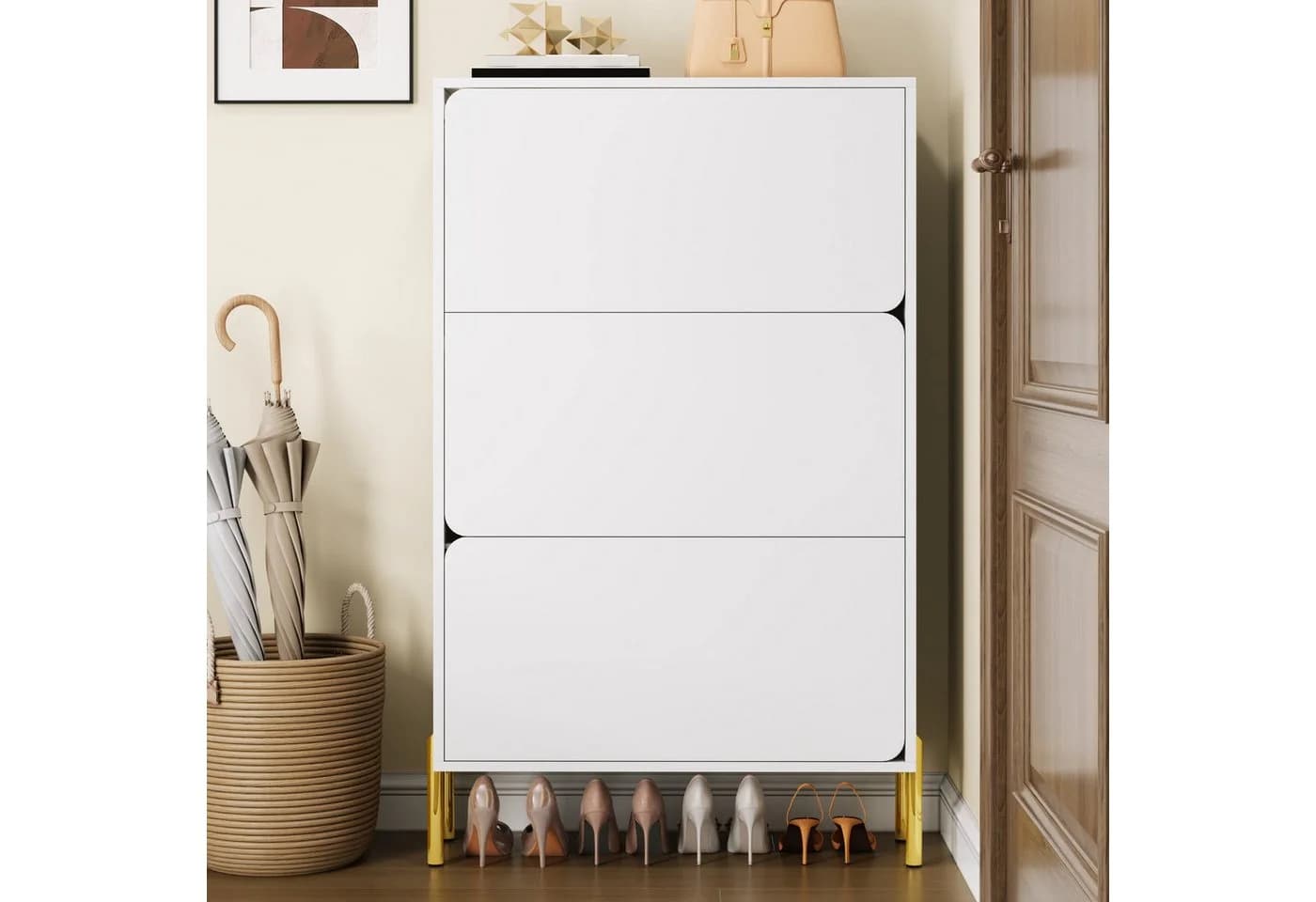 REDOM Schuhschrank Weiß mit goldenen Beinen und 3 Klapptüren - Bild 2