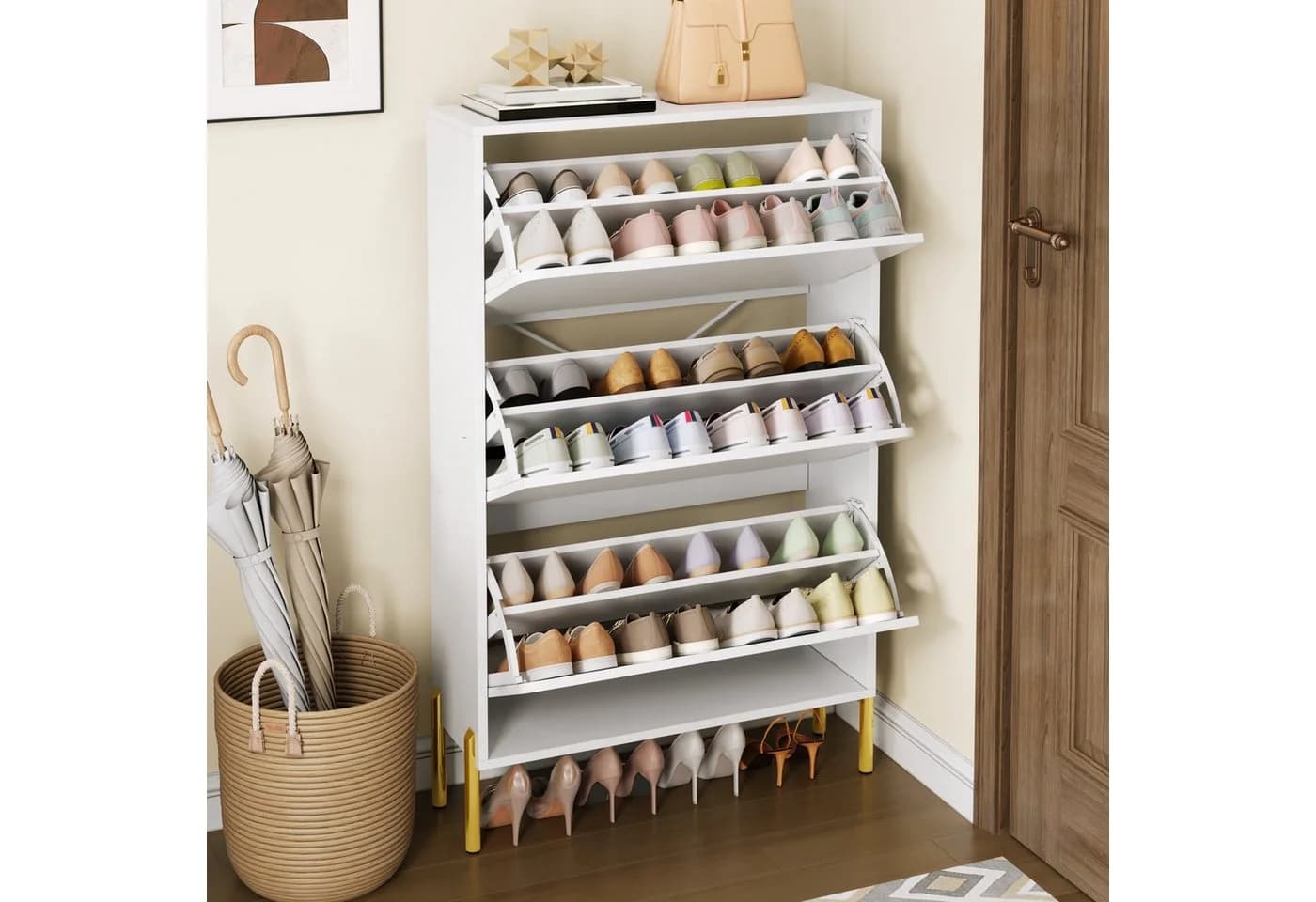 REDOM Schuhschrank Weiß mit goldenen Beinen und 3 Klapptüren - Bild 3