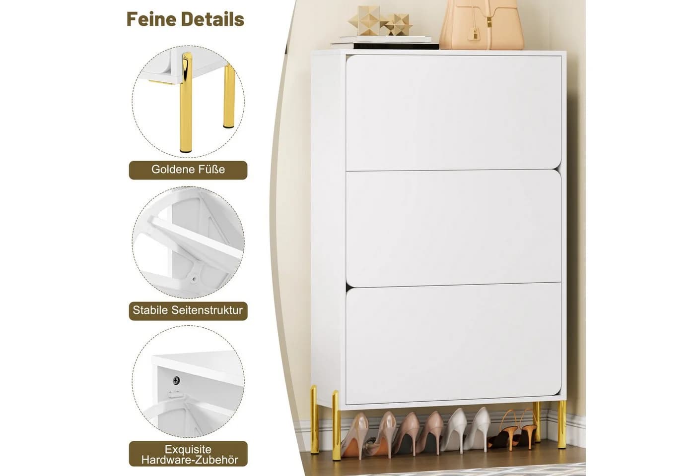 REDOM Schuhschrank Weiß mit goldenen Beinen und 3 Klapptüren - Bild 4
