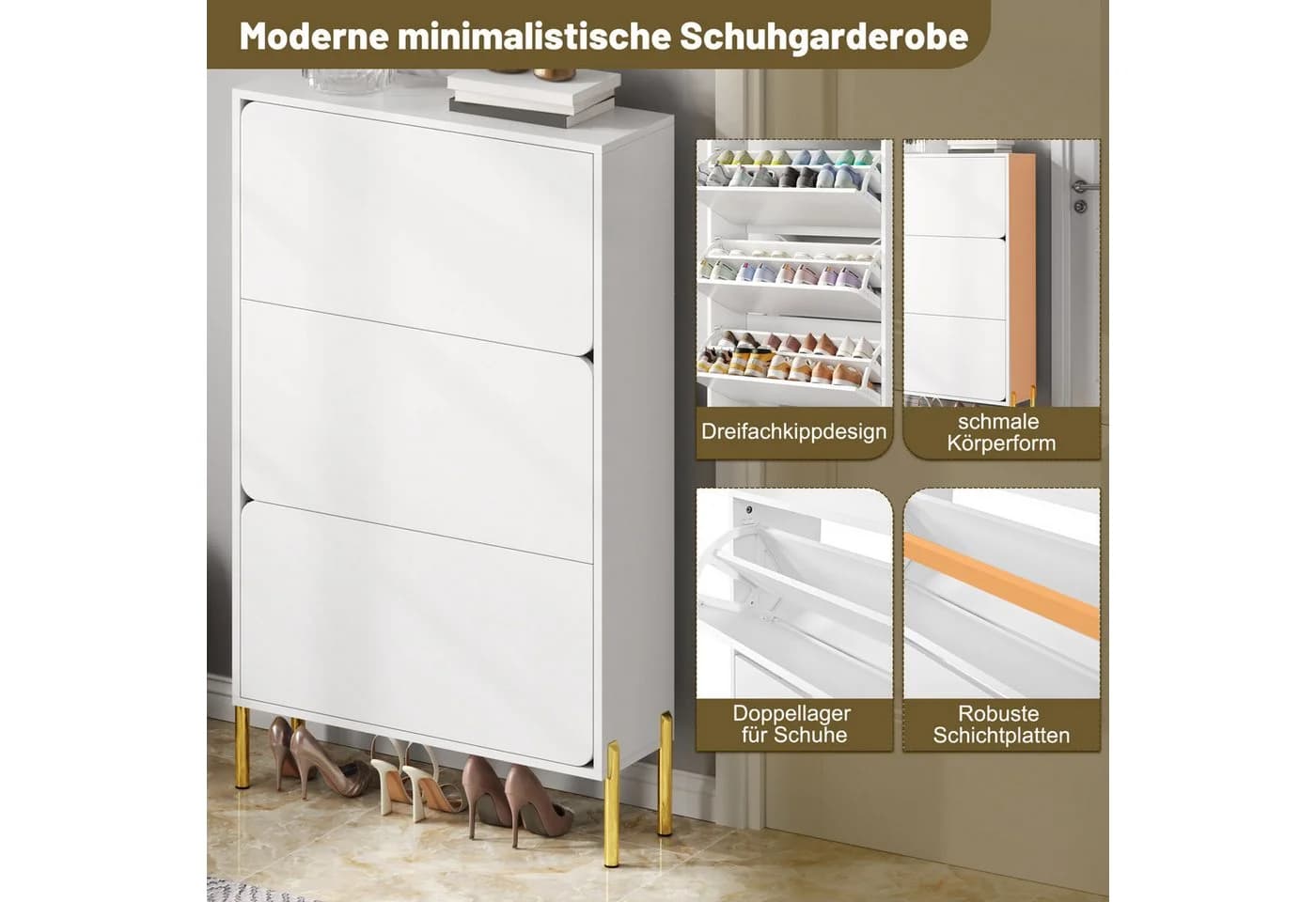 REDOM Schuhschrank Weiß mit goldenen Beinen und 3 Klapptüren - Bild 5