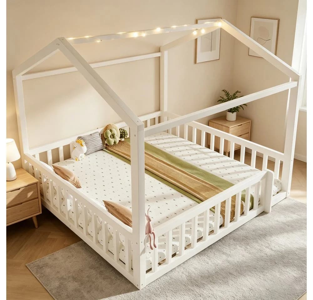 REDOM Kinderbett Holzbett Funktionsbett mit LED & Sicherheitsgitter 90x190cm/180x190cm