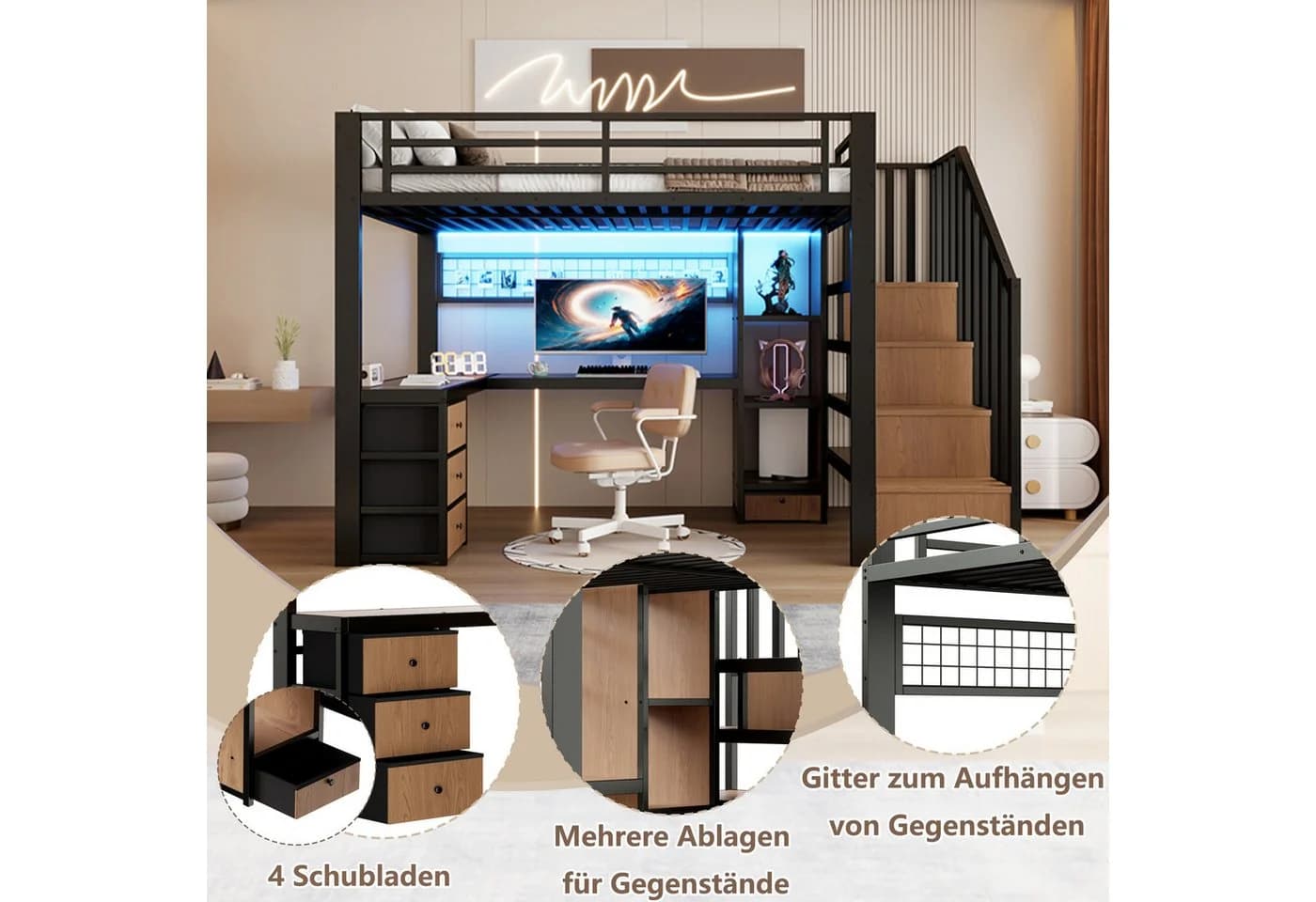 REDOM Hochbett Jugendbett mit LED-Lichtleiste - Bild 5