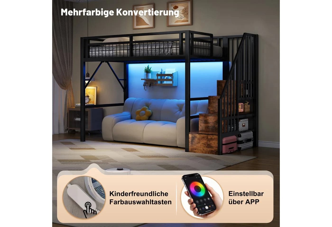 REDOM Hochbett Jugendbett mit LED-Lichtleiste Schwarz - Bild 4