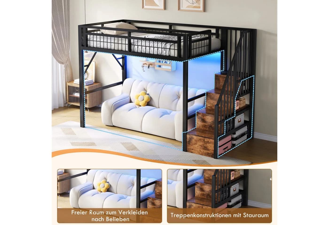 REDOM Hochbett Jugendbett mit LED-Lichtleiste Schwarz - Bild 5