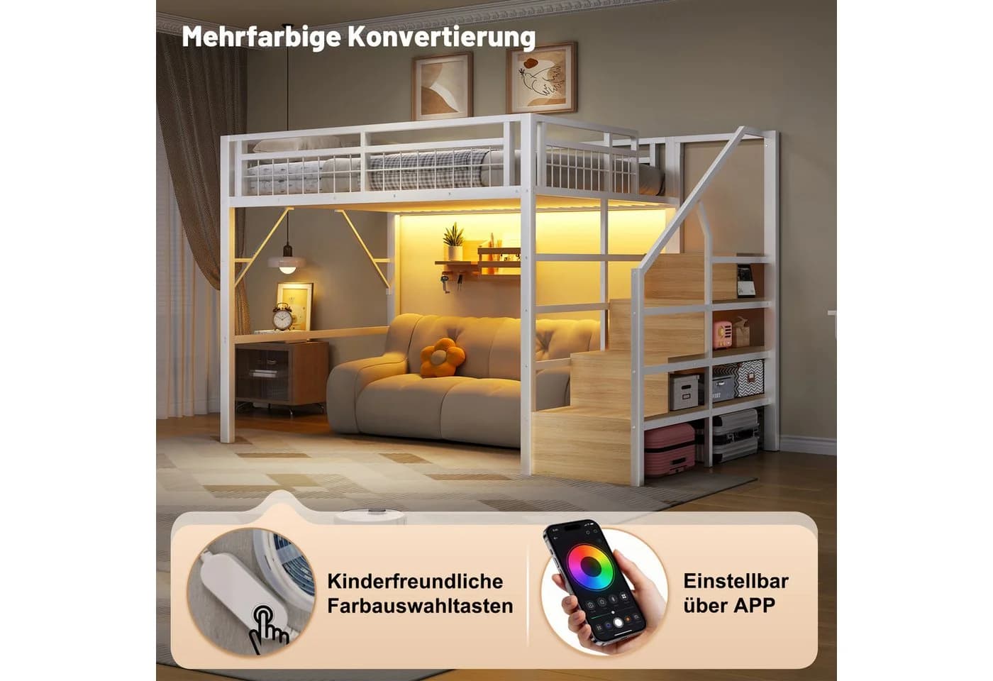 REDOM Hochbett Jugendbett mit LED-Lichtleiste - Bild 4
