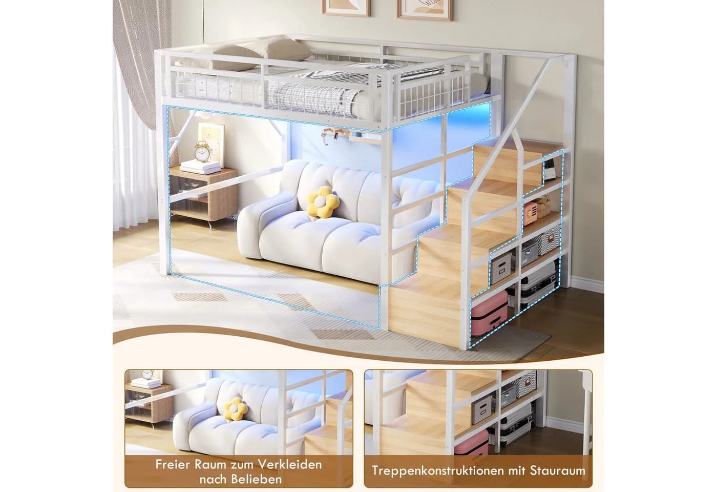 REDOM Hochbett Jugendbett mit LED-Lichtleiste - Bild 5