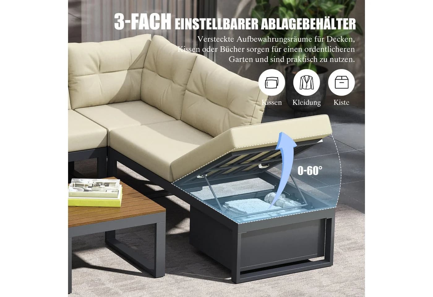 REDOM Gartenlounge-Set Beige mit Stauraum und verstellbarer Rückenlehne