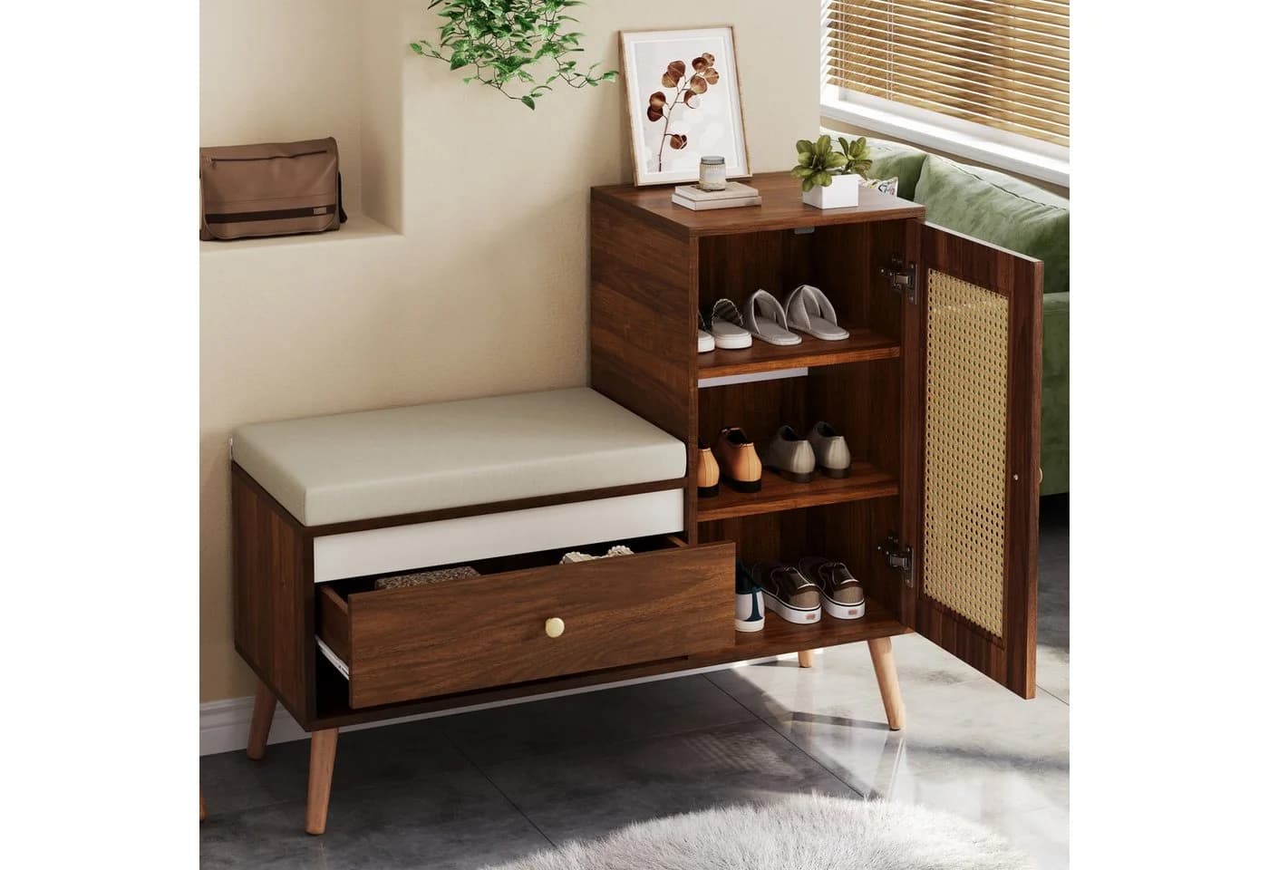 REDOM Schuhschrank Flurbank mit Rattan-Optik und Sitzkissen - Bild 2
