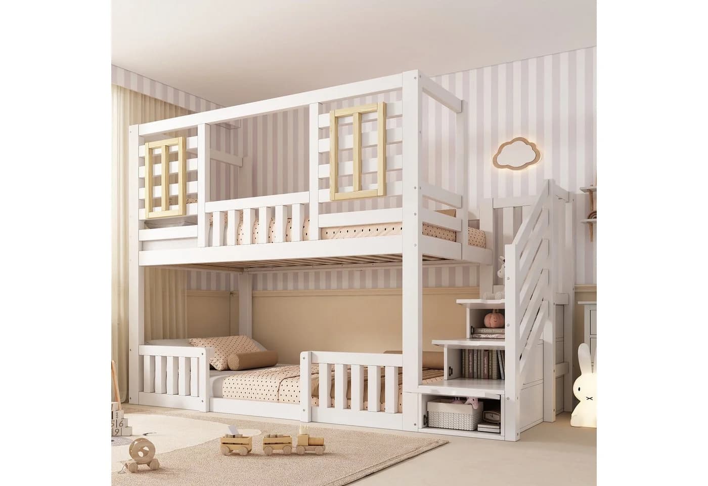 REDOM Hochbett Weiß mit Treppenschrank und Lattenrosten - Bild 2