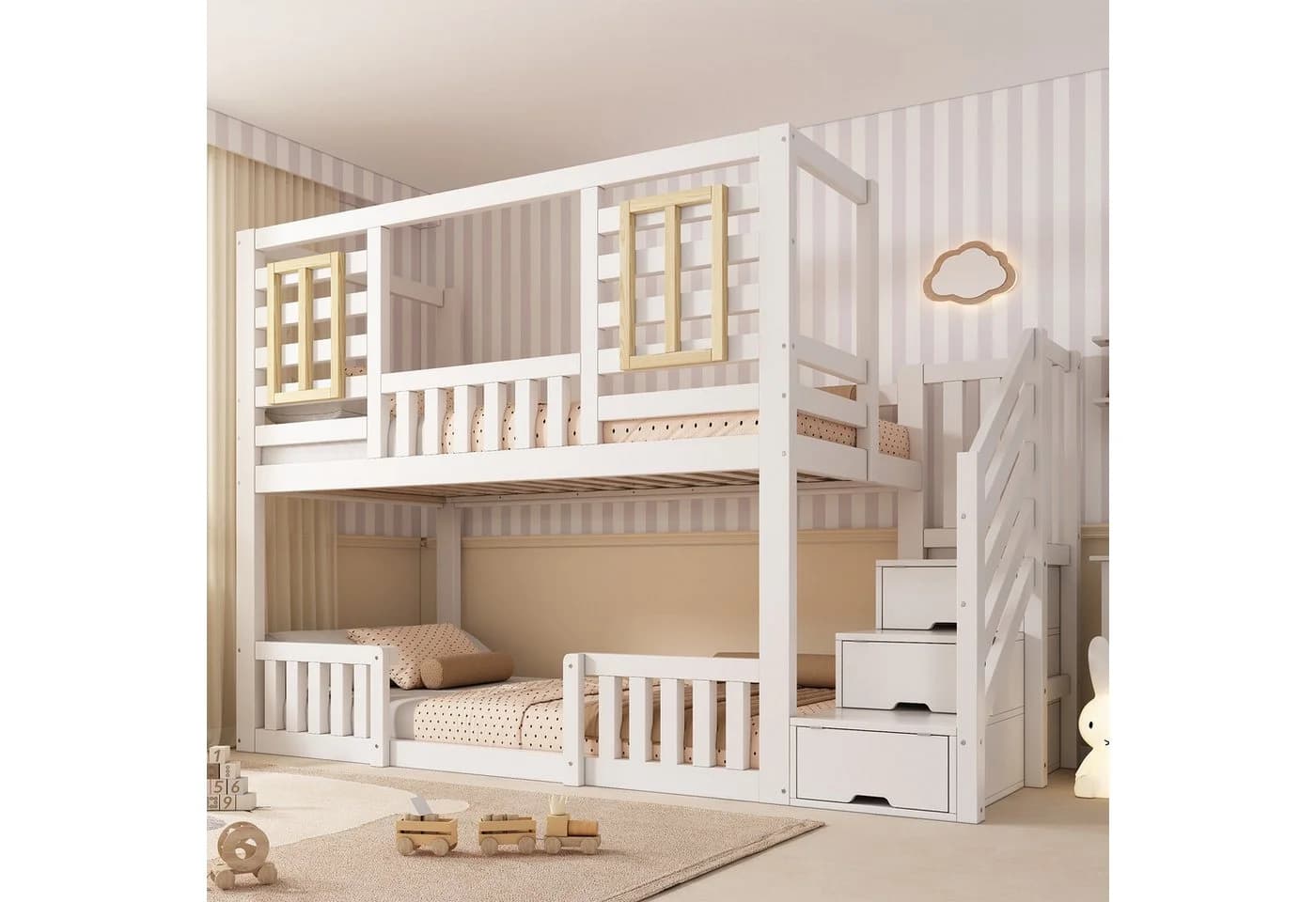 REDOM Hochbett Weiß mit Treppenschrank und Lattenrosten - Bild 3