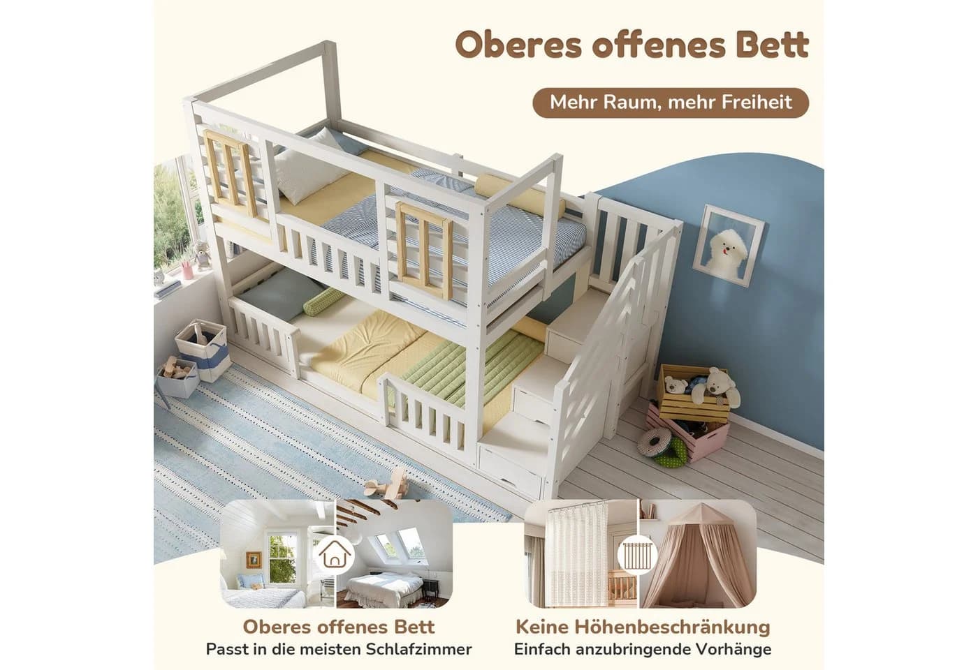 REDOM Hochbett Weiß mit Treppenschrank und Lattenrosten - Bild 5