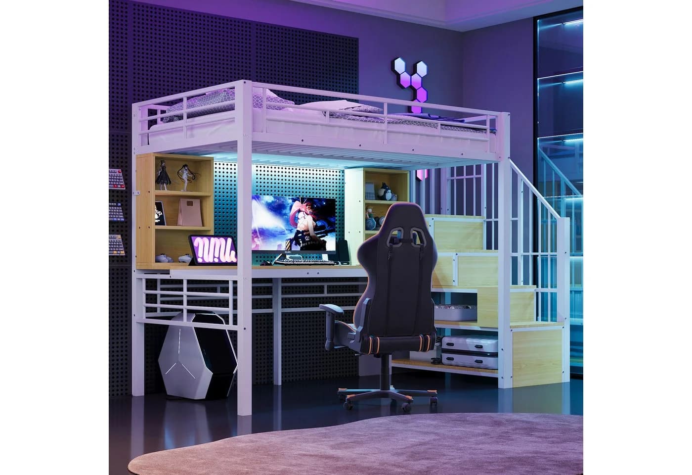 REDOM Hochbett mit Stauraumtreppe, Schreibtisch und LED-Beleuchtung weiß - Bild 2