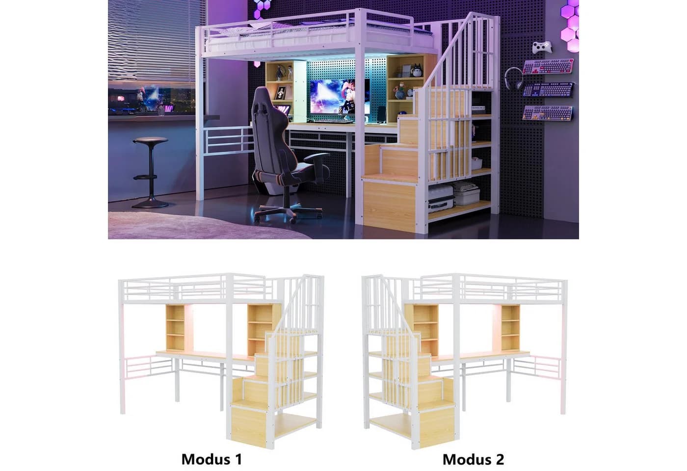 REDOM Hochbett mit Stauraumtreppe, Schreibtisch und LED-Beleuchtung weiß - Bild 3