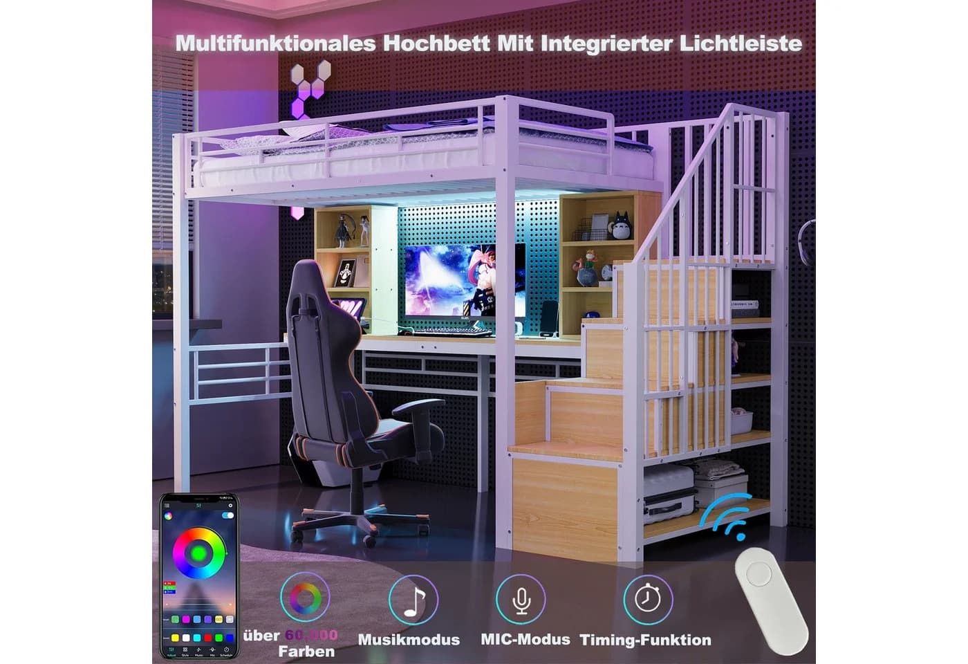 REDOM Hochbett mit Stauraumtreppe, Schreibtisch und LED-Beleuchtung weiß - Bild 4