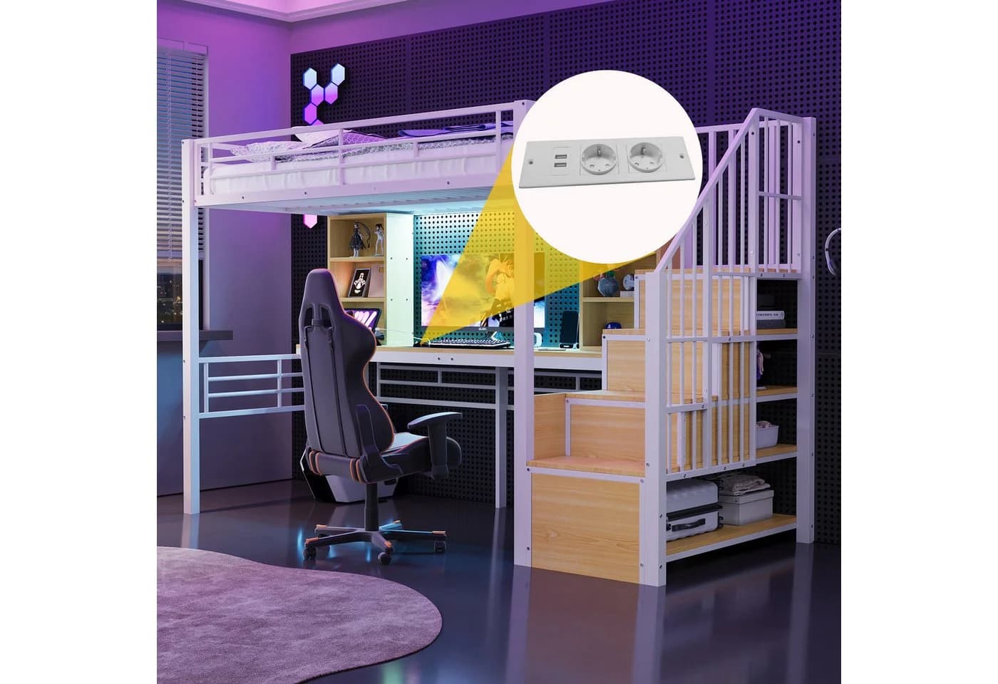REDOM Hochbett mit Stauraumtreppe, Schreibtisch und LED-Beleuchtung weiß - Bild 5