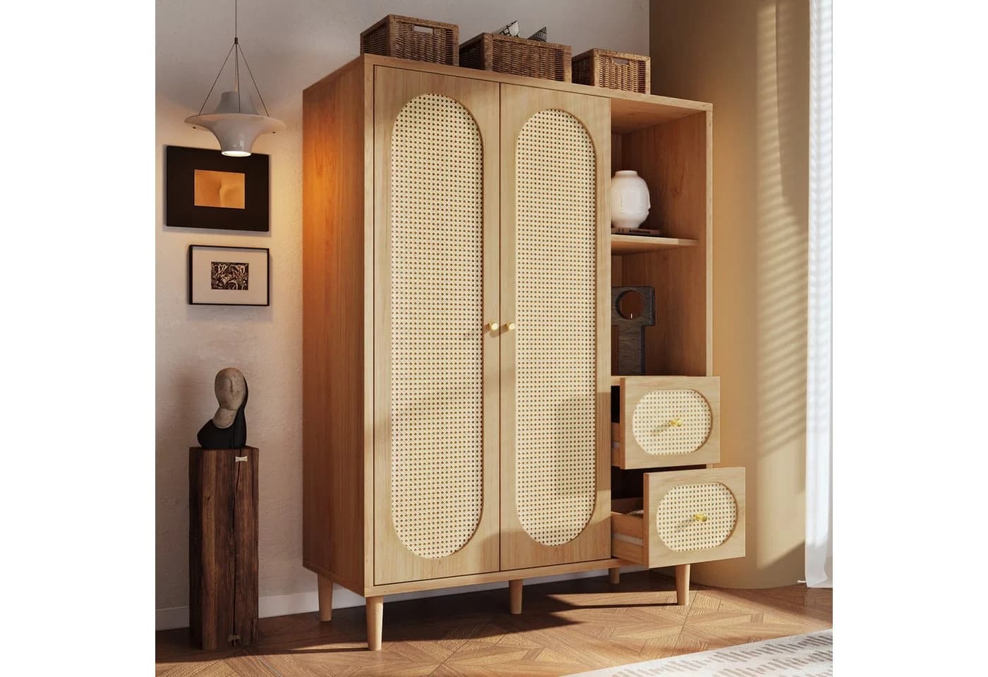 REDOM Kleiderschrank mit Rattanfront und goldfarbenen Griffen - Bild 3