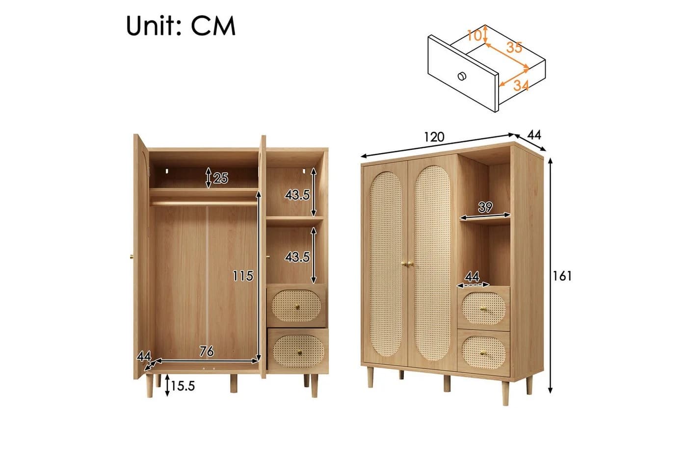 REDOM Kleiderschrank mit Rattanfront und goldfarbenen Griffen - Bild 4