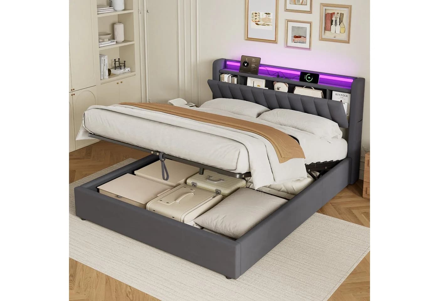 REDOM Polsterbett Grau mit LED-Beleuchtung & USB-Ladestation - Bild 3