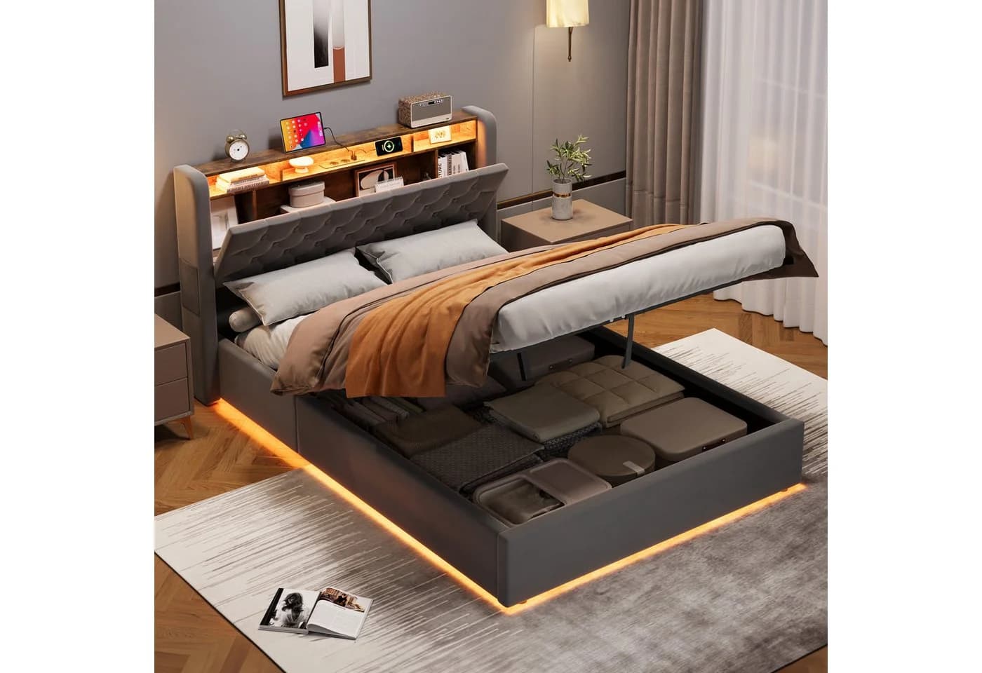 REDOM Polsterbett mit Stauraum & LED-Beleuchtung Grau - Bild 2