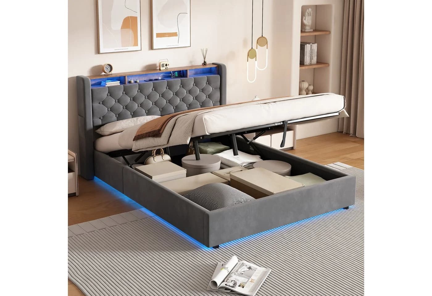 REDOM Polsterbett mit Stauraum & LED-Beleuchtung Grau - Bild 3