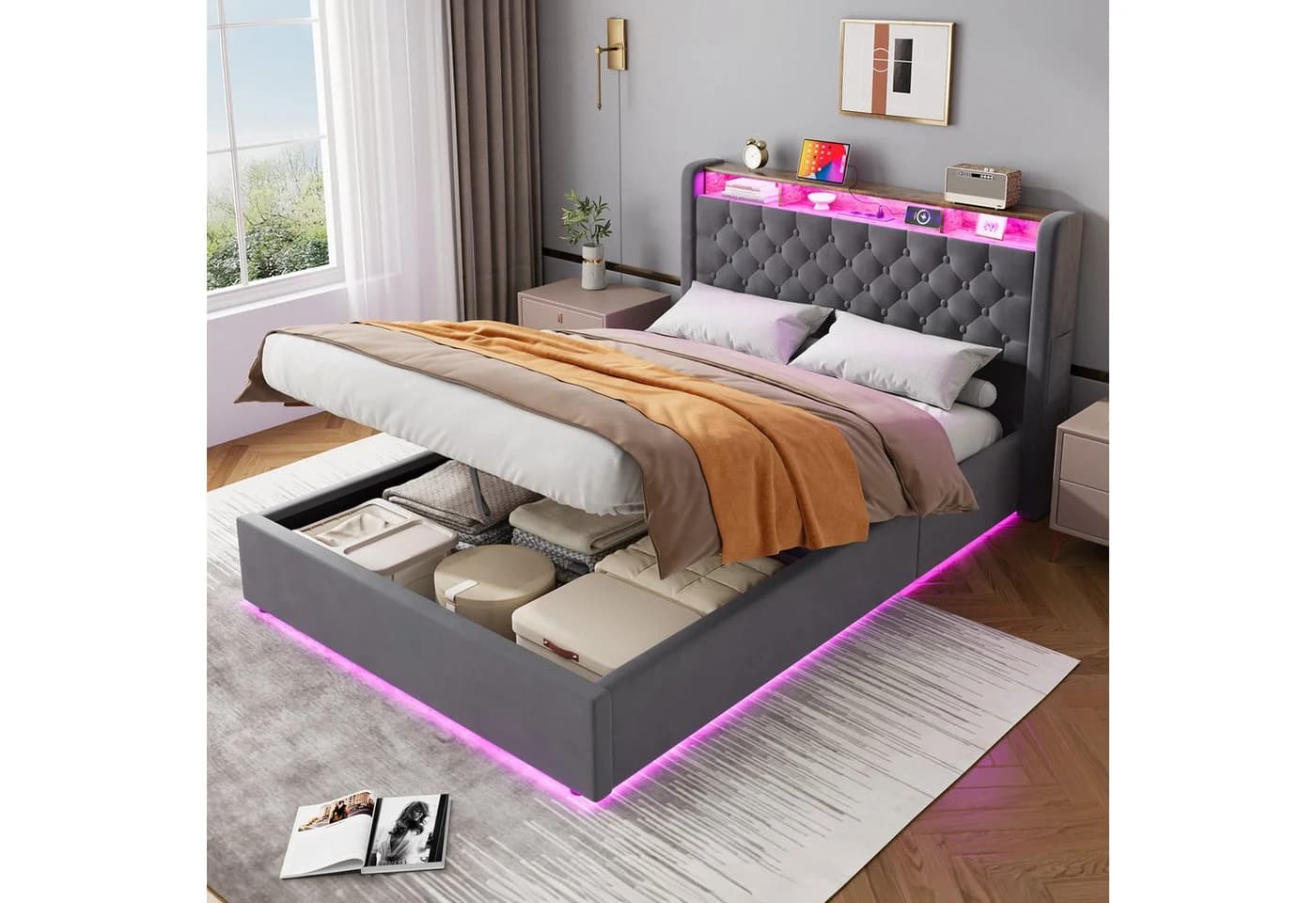 REDOM Polsterbett mit Stauraum & LED-Beleuchtung Grau - Bild 5