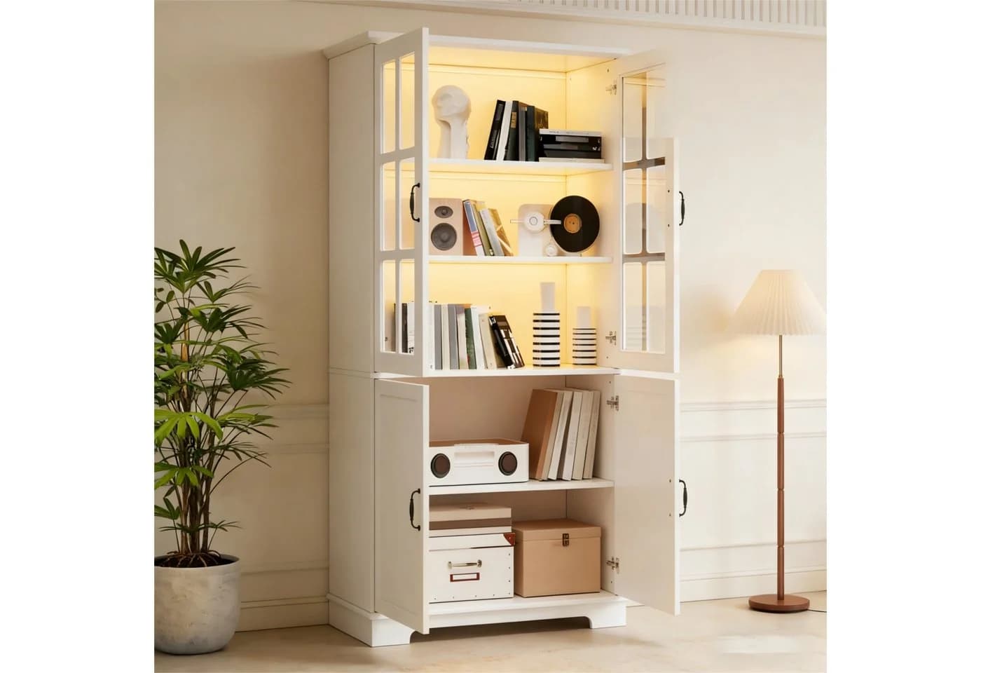 REDOM Vitrinenschrank Weiß mit Glastüren & LED