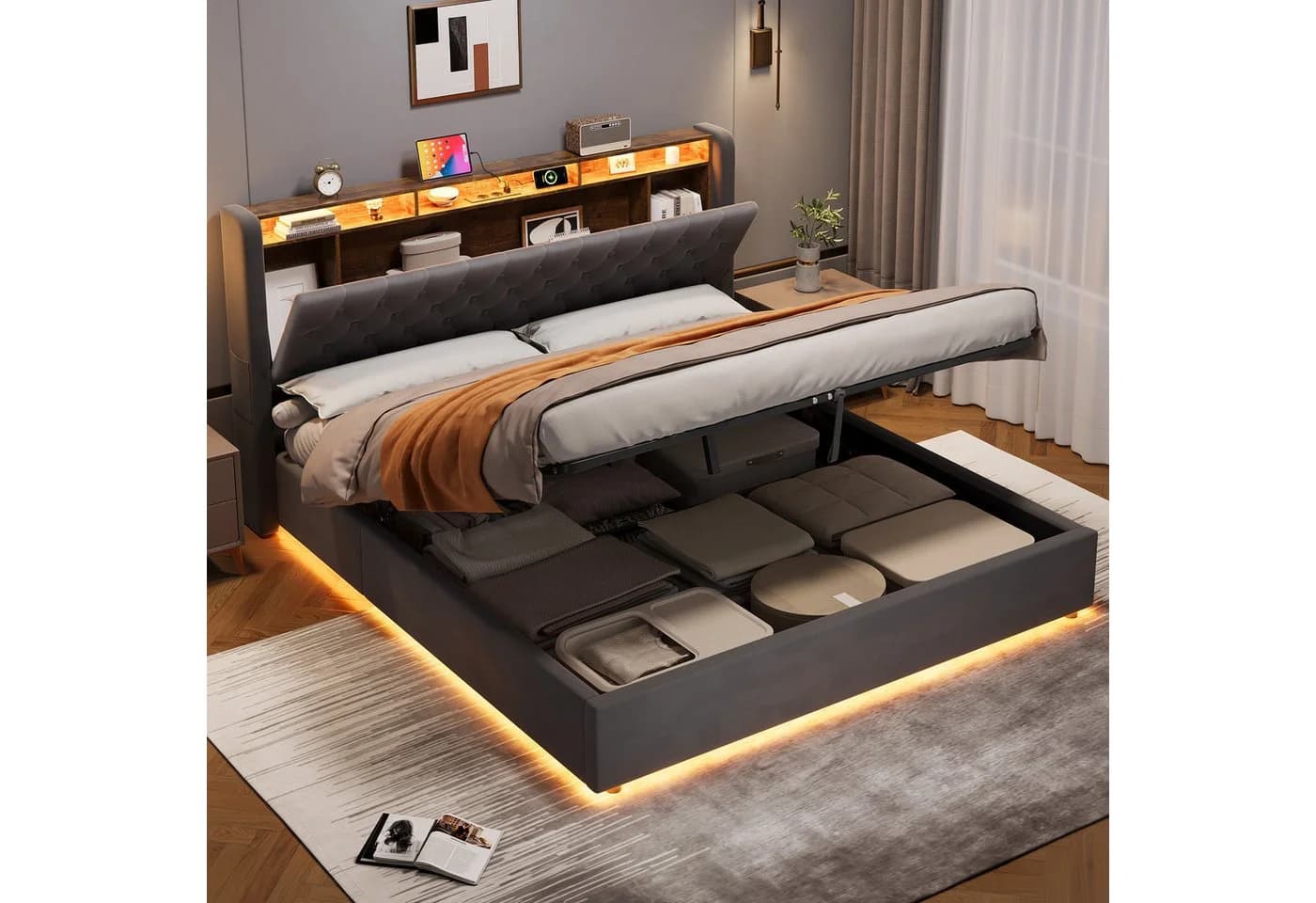 REDOM Polsterbett 180x200 Grau Metallrahmen Bettkasten LED USB