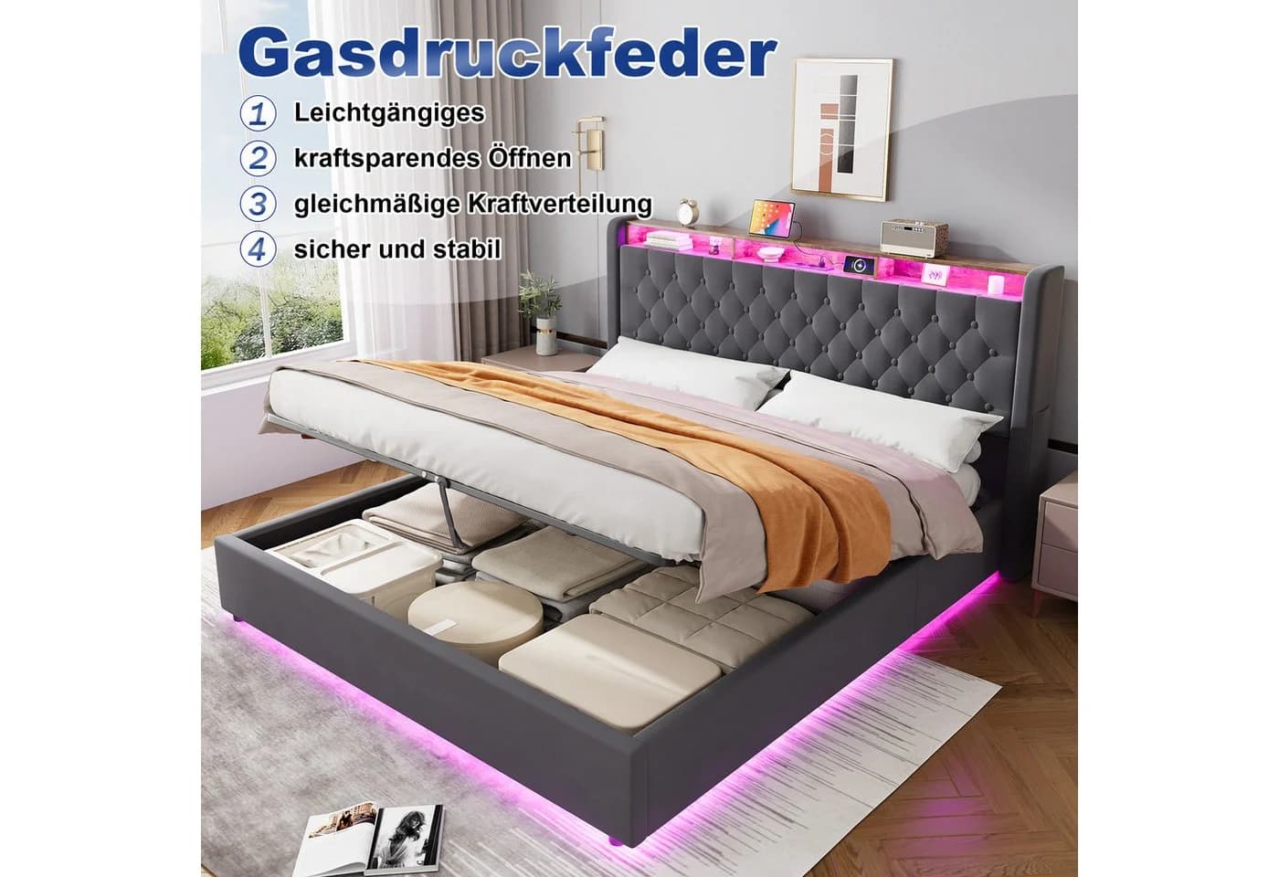 REDOM Polsterbett 180x200 Grau Metallrahmen Bettkasten LED USB - Bild 5